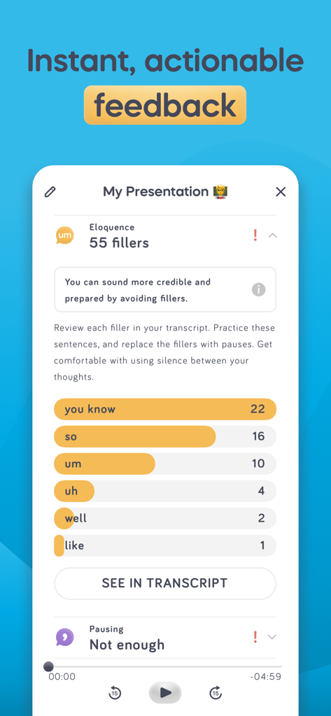 Speeko app interface showing speech eloquence metrics and a detailed breakdown of filler word counts for a presentation