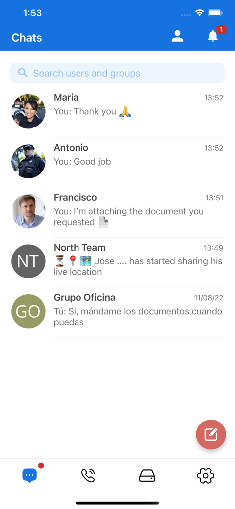 IMBox app interface showing a list of secure professional chat conversations with team members and groups