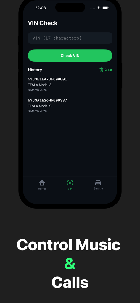 Mobile app interface for VIN code lookup and vehicle history in Car Play Connect.