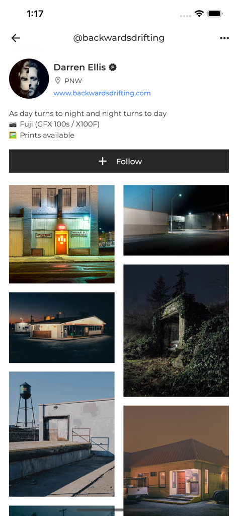 Foto Inc - A minimalist photographer profile on the Foto Inc app showing a high-quality photo portfolio grid.