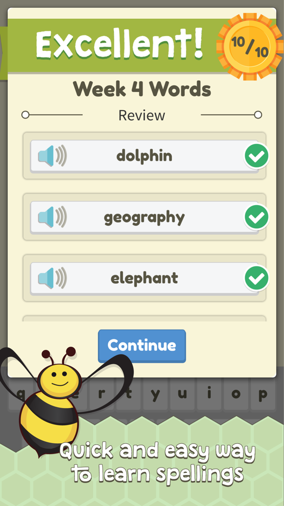 Spelling Assistant : Helping you ace the spelling bee! - Spelling Assistant app screen showing a perfect 10 out of 10 score for a weekly word review.