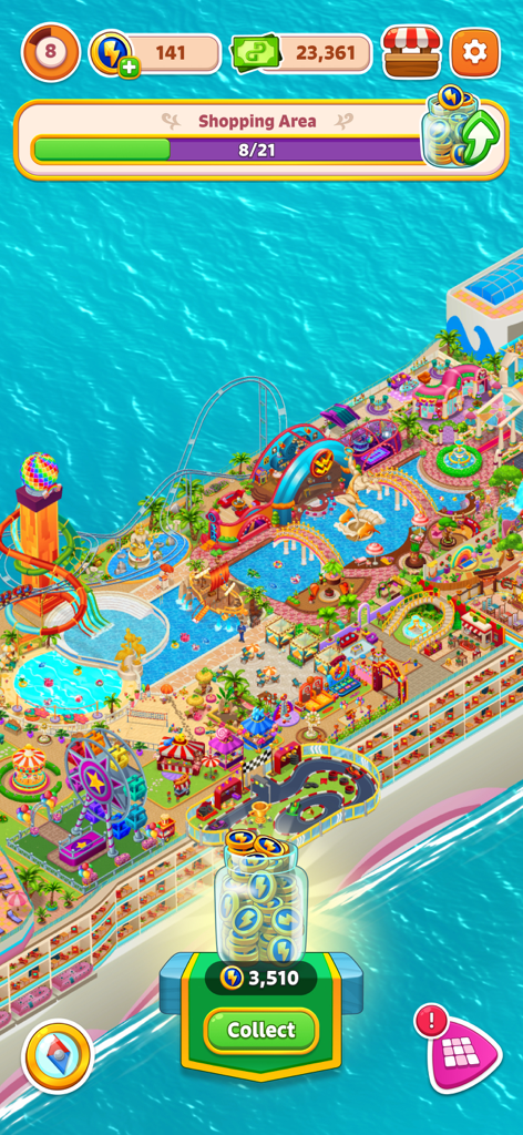 Top down view of a luxury cruise ship deck with colorful water slides amusement rides and swimming pools