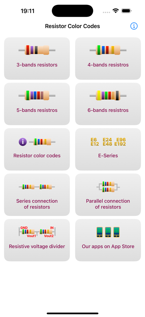 Resistor color codes calc - 抵抗カラーコードアプリのメインメニュー。さまざまな計算ツールが表示されています。