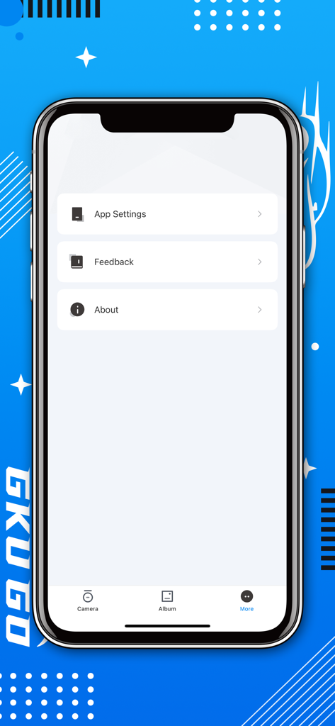 GKU GO app settings menu showing options for app settings feedback and about info