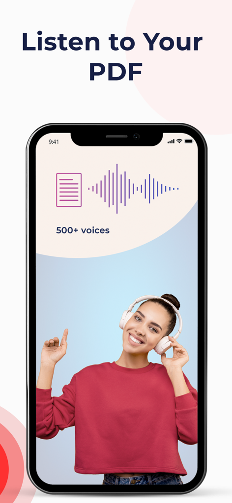 PDF Translate Pro - Una donna che usa le cuffie per ascoltare un documento con la funzione PDF to Voice
