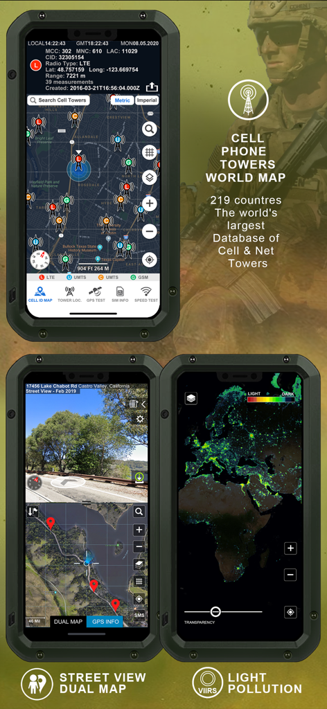 Military GPS Survival Kit app displaying cell tower maps street view and light pollution data