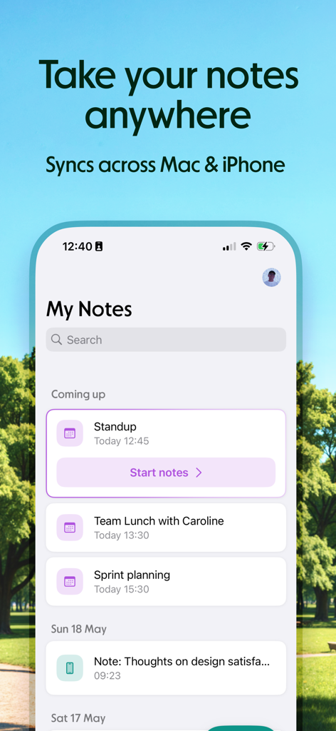 Granola - AI Meeting Notes - Granola AI meeting notes app on iPhone showing meeting schedule and cross device synchronization
