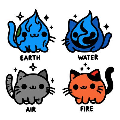 4 cats that represent the different elements, earth, water, air, and fire