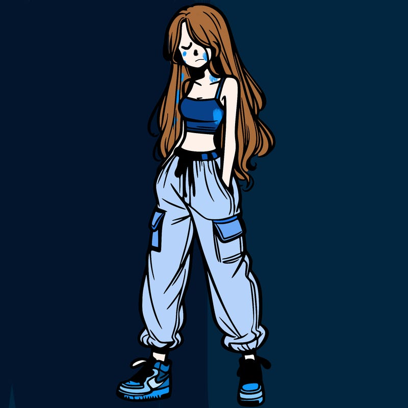 girl in baggy pants crop top and long hair