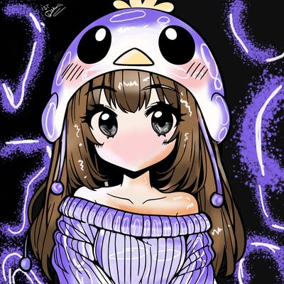 anime girl with chick shaped hat with sweater with bare shoulders with bangs covering them one eye with low tail