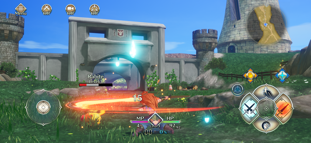A 3D battle scene in Trials of Mana showing a character attacking a Rabite near a castle entrance