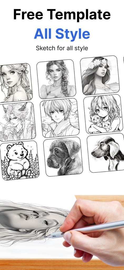 AR Drawing: Easy Sketch - A library of diverse drawing templates including portraits, anime characters, and animals for AR tracing.