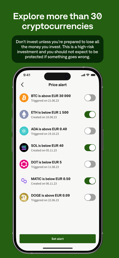 Écran de l'application mobile Neteller pour configurer des alertes de prix de crypto-monnaie