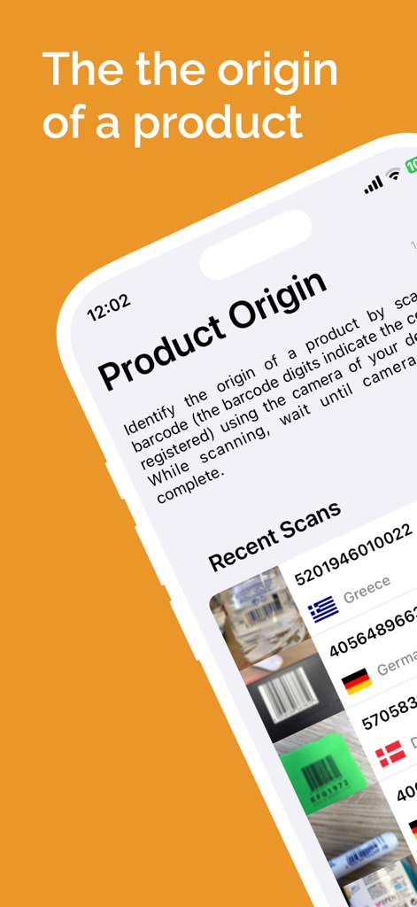 Interface of the Product Origin app showing recent barcode scans with country names and flags