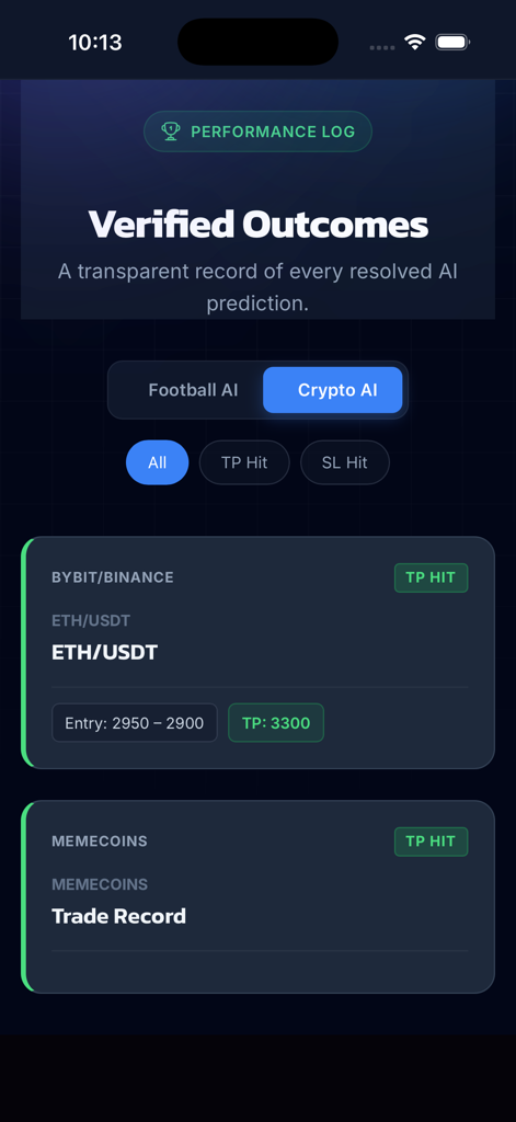 AiPredict - Football & Crypto - Resultados verificados de operaciones de criptomonedas de IA y registro de rendimiento que muestra aciertos exitosos en la aplicación AiPredict.