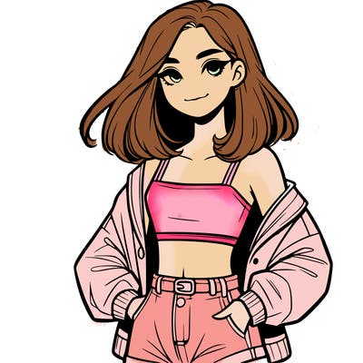 a realistic girl with a crop top and short shorts in an open jacket