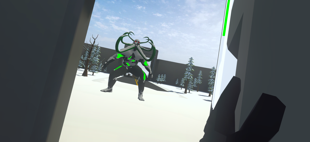 Bunker 24: Survival Story Game - A large mutant boss with green bioluminescent accents standing in a snowy landscape seen from a first-person perspective
