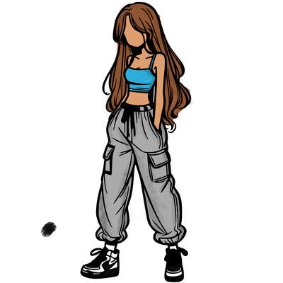 girl in baggy pants crop top and long hair