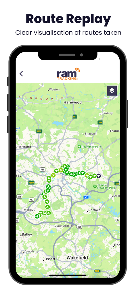 RAM Tracking mobile app screen showing a vehicle route replay with green arrows on a map