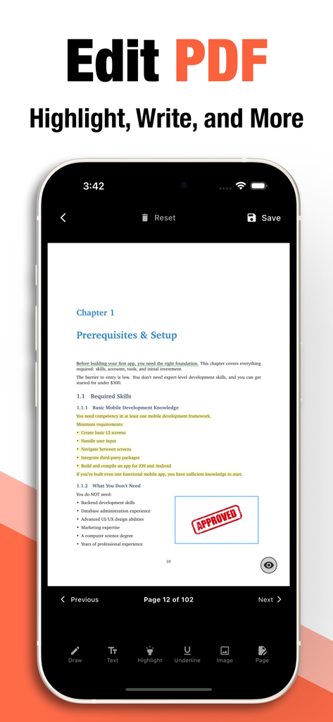 Interface móvel mostrando ferramentas de edição de PDF, incluindo destaque e adição de um carimbo de aprovado