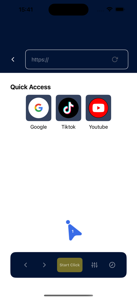 Auto Clicker : Auto Tap - Auto Clicker app interface showing in-app browser with quick access buttons for Google TikTok and YouTube
