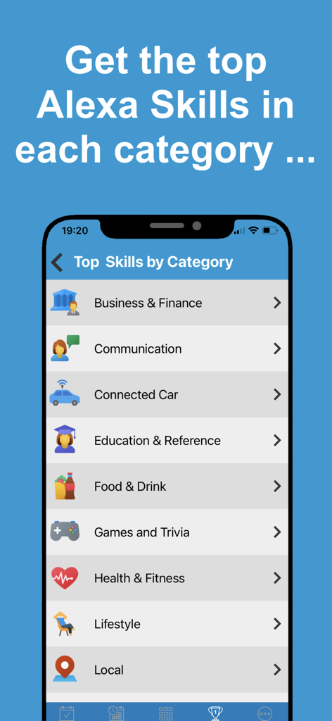 Skills for Amazon Alexa App - Uma lista de categorias de skills da Alexa no aplicativo, incluindo Comida e Bebida, Jogos e Trivia, e Saúde e Fitness.