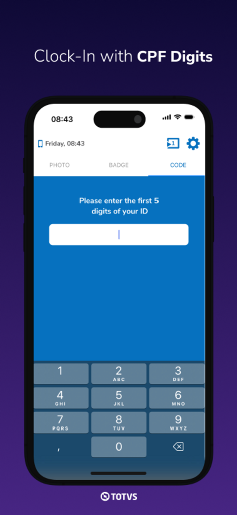 TOTVS RH Clock In - Tela do aplicativo móvel TOTVS RH Clock In mostrando um teclado numérico para entrada de ID do funcionário