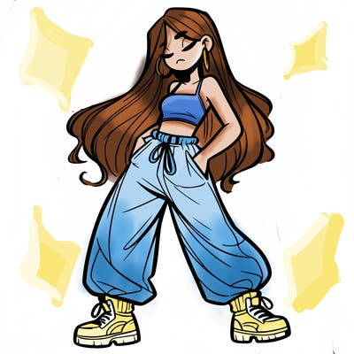 girl in baggy pants crop top and long hair