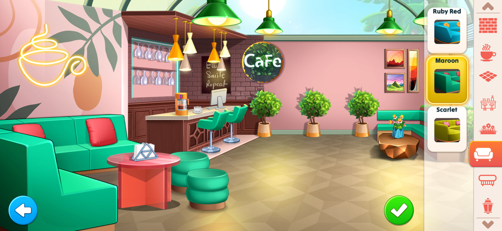 Dream Makeover - Match 3 Games - A cafe interior being decorated with colorful furniture in the Dream Makeover mobile game.