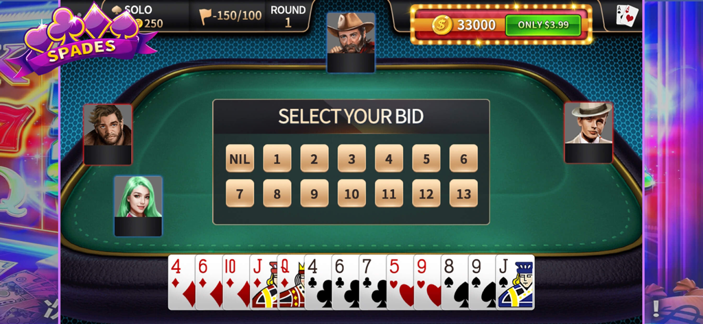 Spades - offline card games. - A digital Spades card game interface showing the bidding selection menu with a hand of cards and player avatars around a green table.