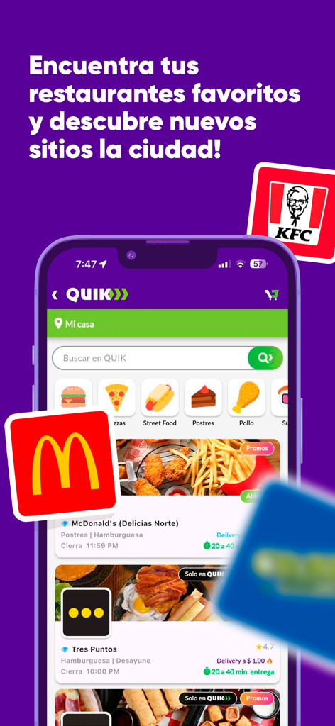 QUIK: Pago y Delivery - Pantalla de smartphone mostrando la aplicación QUIK con opciones de restaurantes y categorías de comida para entrega.