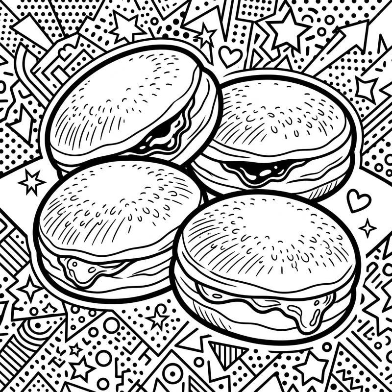 Get ready to add a burst of color to these delectable jelly doughnuts presented in an exciting Pop Art style. This unique coloring page combines tasty treats with dynamic artistic flair for an engaging activity.