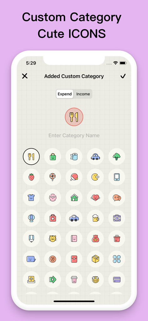 Custom category selection screen in EMMO Cost featuring a grid of cute minimalist icons for expense tracking