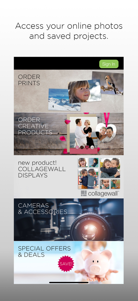 London Drugs Photolab - Main menu of the London Drugs Photolab app showcasing options for photo prints creative products and special deals