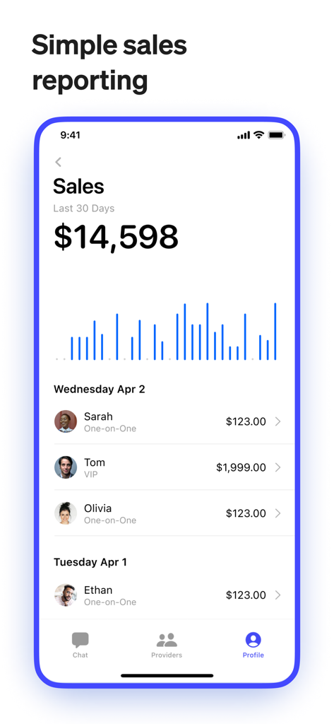 Newie - Newie app screen displaying a sales report with a bar chart and transaction list for a solopreneur