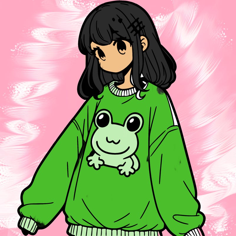 girl wearing frogging sweatshirt