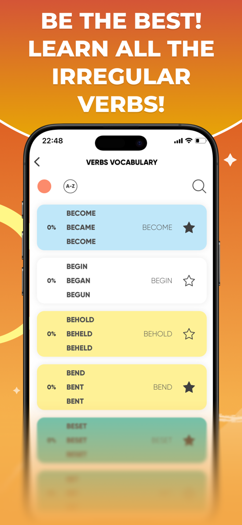 IVERBS app vocabulary screen showing irregular verb forms and learning progress.