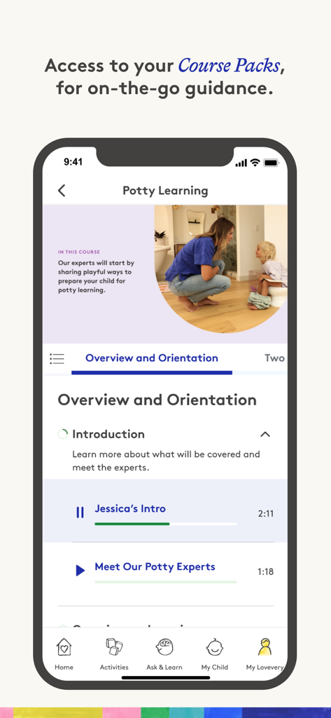 Lovevery: Baby & Toddler App - Schermata dell'app Lovevery che visualizza un pacchetto di corsi per l'apprendimento del vasino con moduli video di esperti e guida allo sviluppo