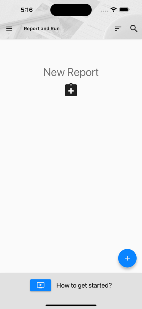 Report and Run - Pantalla de nuevo informe en la aplicación móvil Report and Run