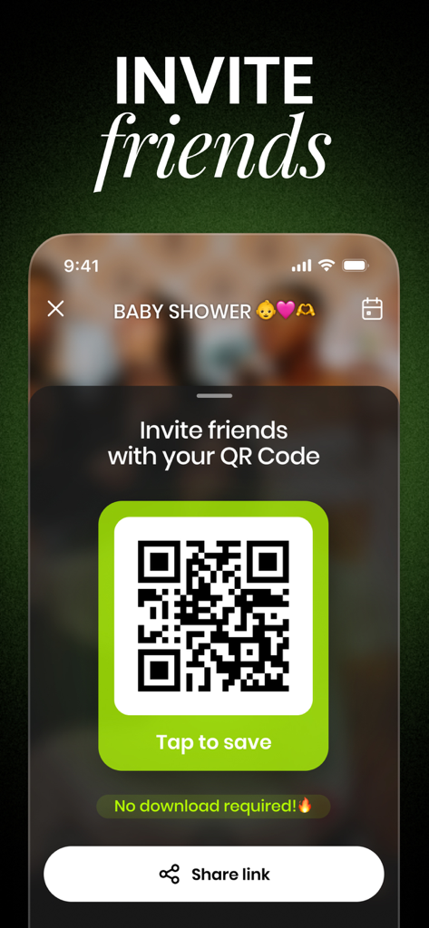 PartyCam - Disposable Camera - PartyCam app interface showing a QR code to invite friends to a baby shower event for shared photo capturing