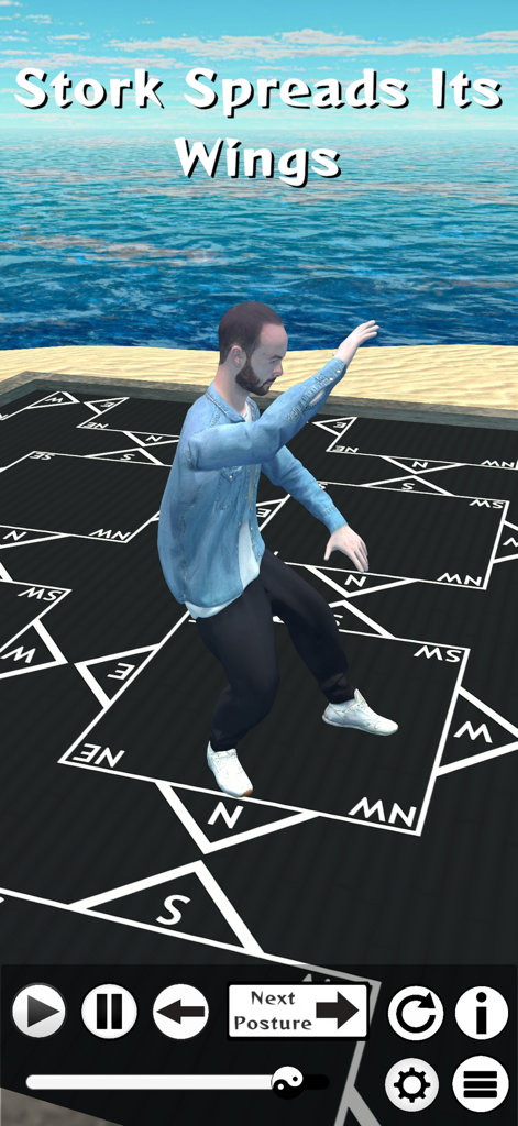 TaijiTek® - TaijiTek app mostrando um instrutor 3D realizando a pose de Tai Chi Cegonha abre as asas com uma sobreposição de guia de piso