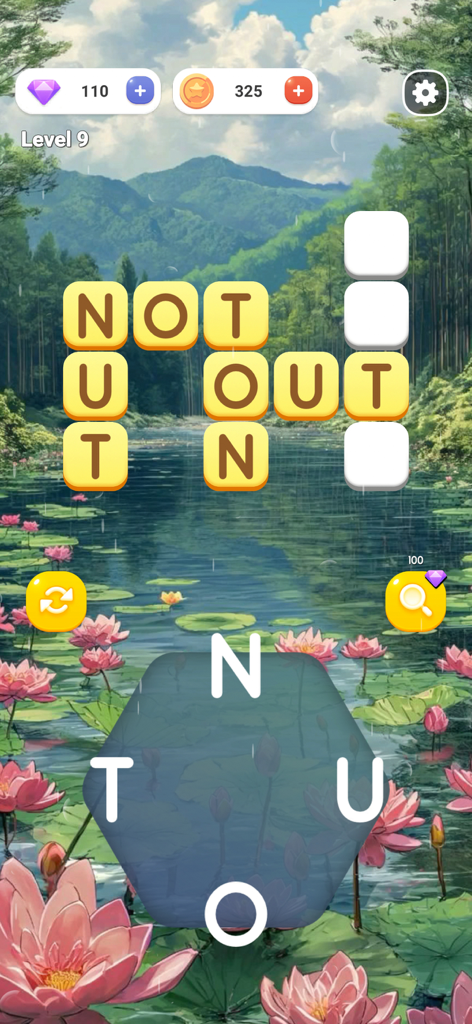 ABC - Wooden Words - A word puzzle level in the ABC Wooden Words app with wooden tiles and a peaceful nature background.