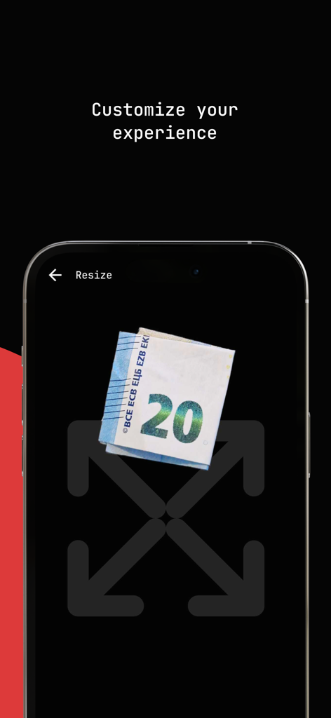 ImagineObject: Magic Trick - Una interfaz de smartphone que muestra el redimensionamiento de un billete digital de 20 Euros dentro de la aplicación de truco de magia ImagineObject.