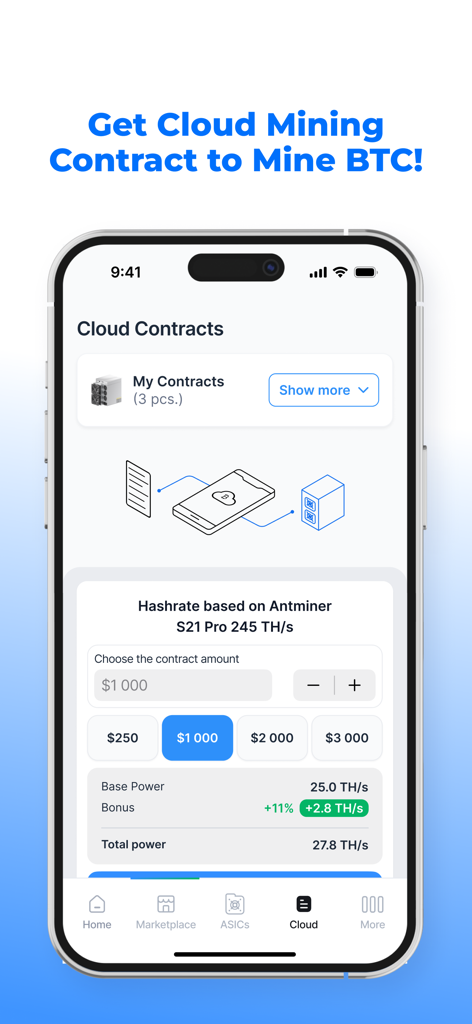 ECOS: Bitcoin Mining & Wallet - Interfaz de la aplicación de ECOS mostrando la selección de contratos de minería en la nube de Bitcoin y la potencia de hash estimada.