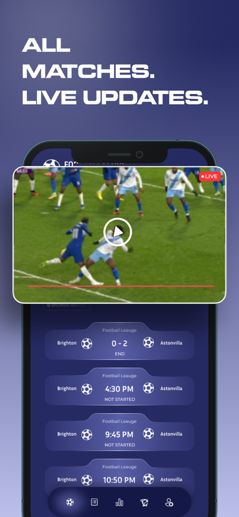 App Score808 che mostra uno stream di partita di calcio live e aggiornamenti del punteggio