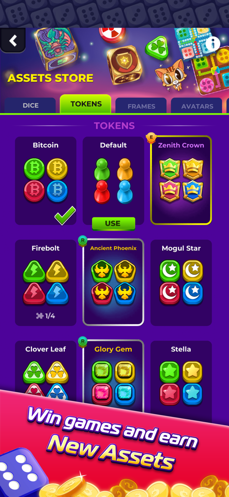 Ludo SuperStar assets store screen showing various custom tokens and skins to unlock