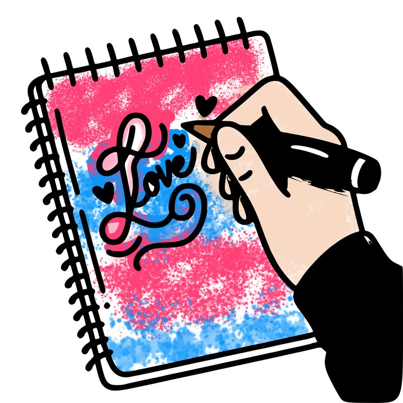 a hand writing “love” in calligraphy on a notebook