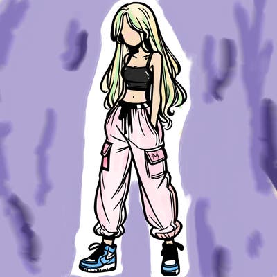 girl in baggy pants crop top and long hair