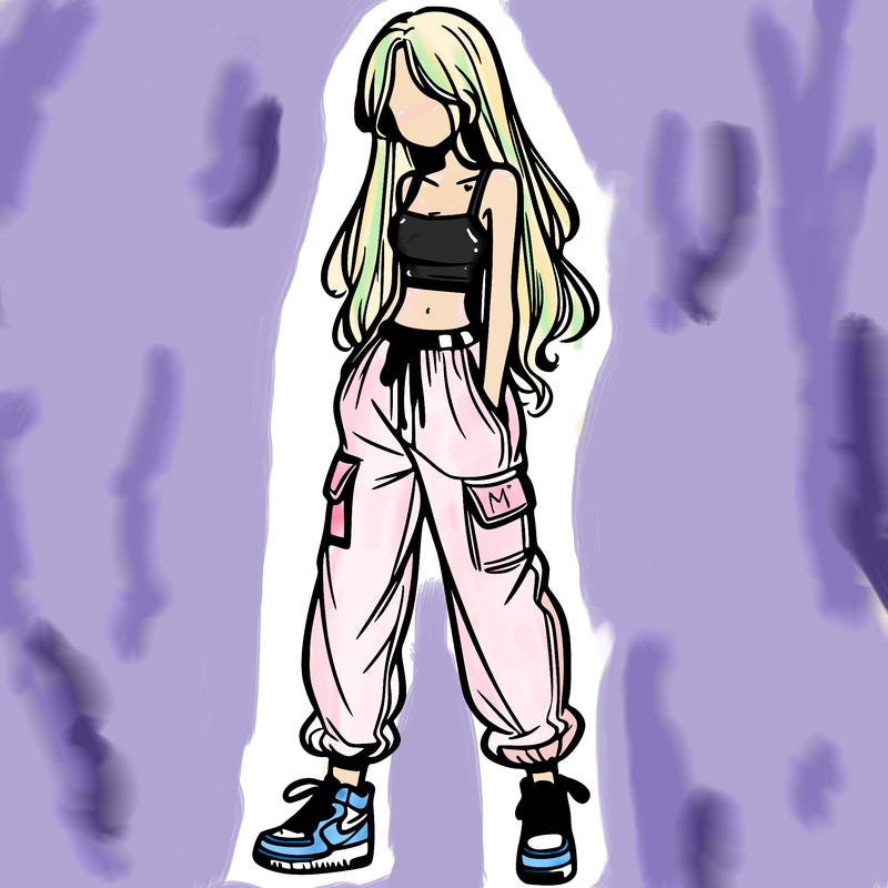 girl in baggy pants crop top and long hair