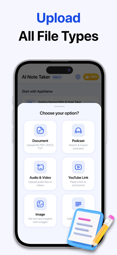 Interfaccia dell'app AI Note Taker che mostra diverse opzioni di importazione tra cui documenti, podcast, audio, video e link YouTube